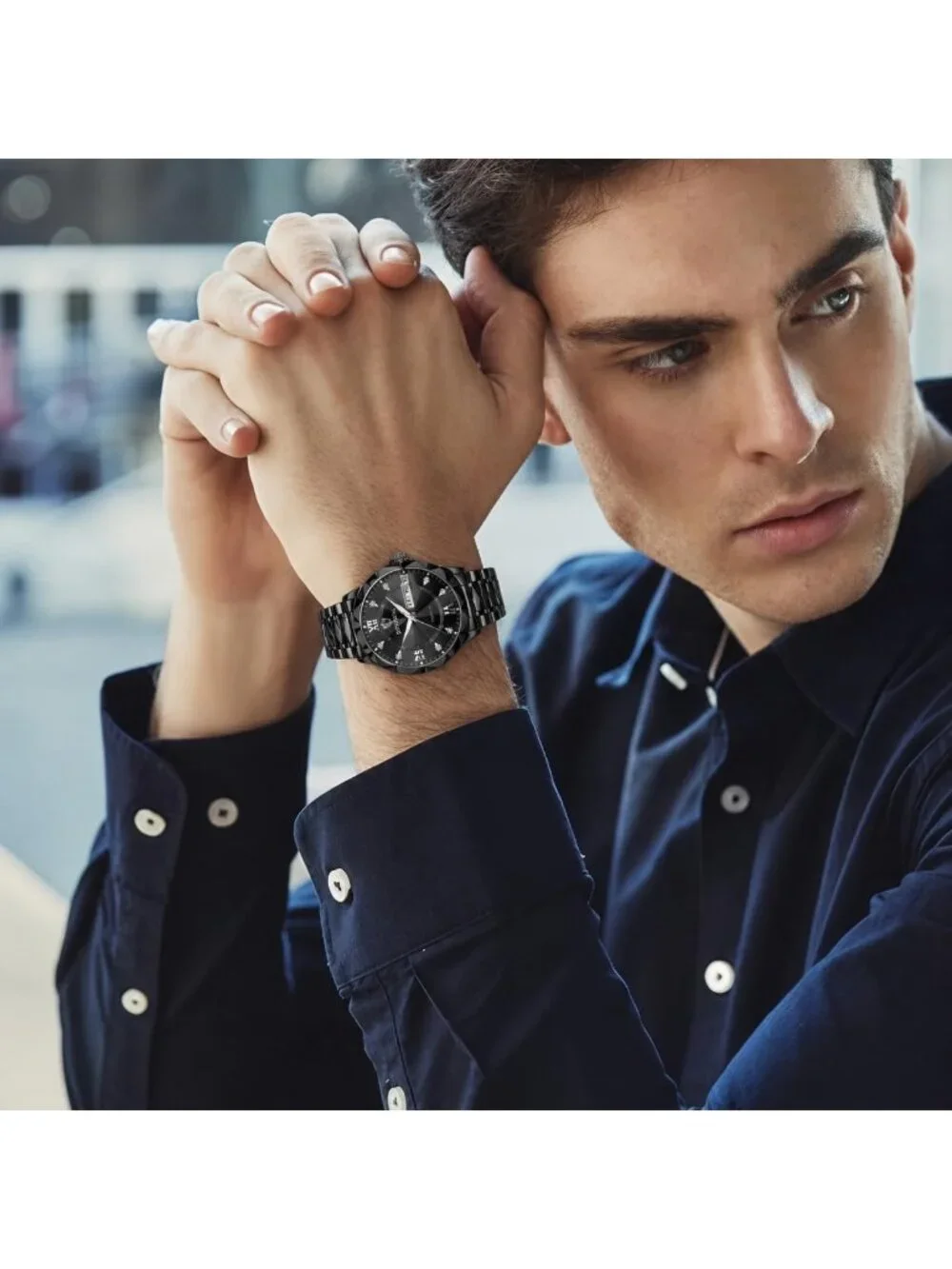 Men's All Black Analog Stainless Steel Roman Numeral Diamond Waterproof Watch